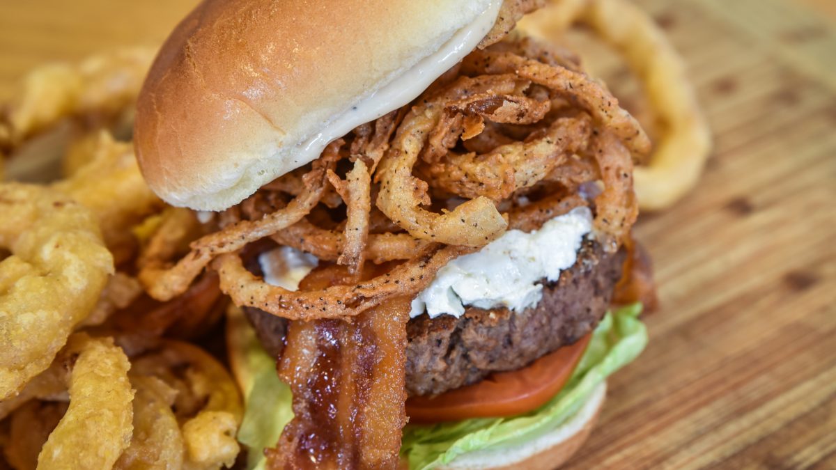 burger with onion rings